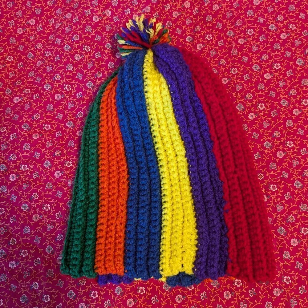 Vintage Rainbow Hat Knit Beanie Cap‎ Pom Clown Umbrella Pattern Unisex - Picture 3 of 3